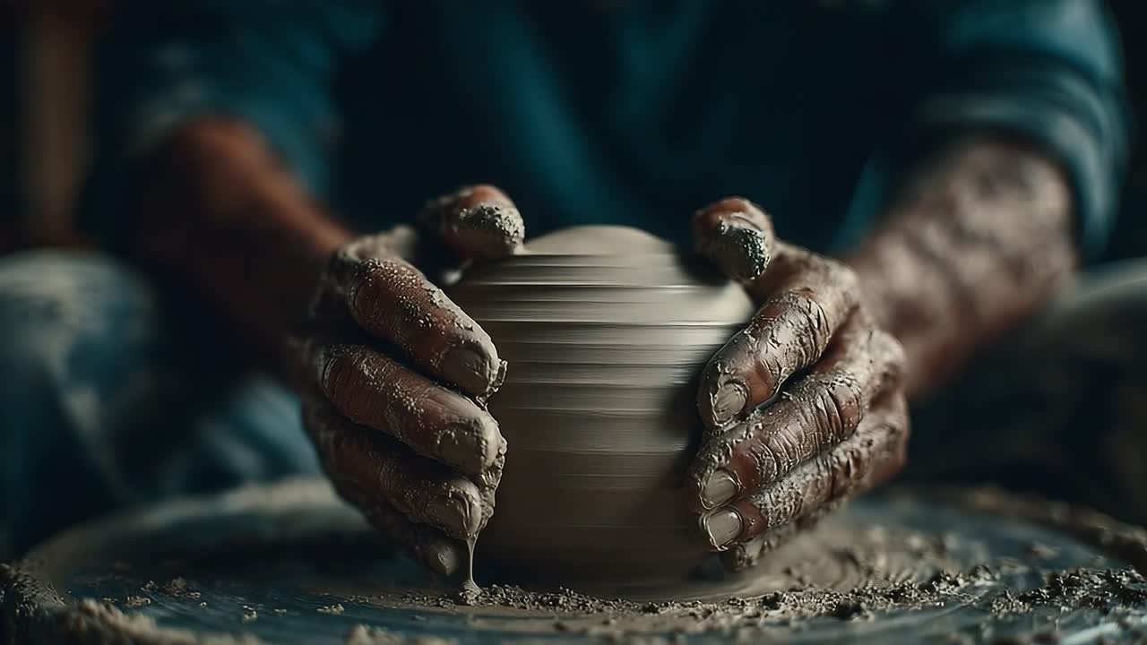 The Art of Pottery: A Craftsman Shaping Clay on the Wheel, Capturing the Essence of Traditional Ceramic Craftsmanship Through Skilled Hands and Creative Touch