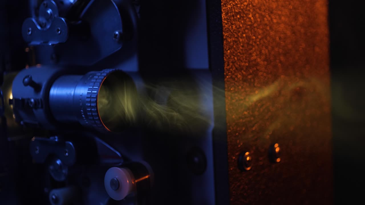16mm movie projector crane shots in a smokey room