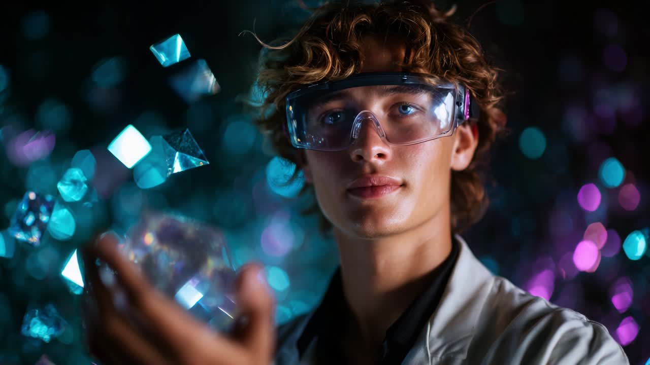 A young scientist in a laboratory setting explores the fascinating world of light and refraction through colorful prisms while wearing protective eyewear, showcasing a captivating blend of creativity and science
