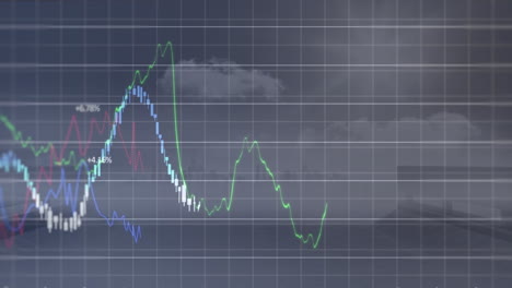 animación del procesamiento de datos financieros a través de la red de red contra la vista aérea del paisaje urbano.