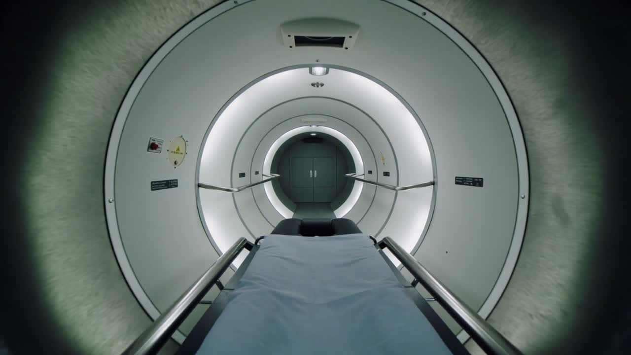 Attivazione del pannello di controllo e avvio della scansione, tavolo del paziente che scorre all'interno del foro cilindrico del gantry