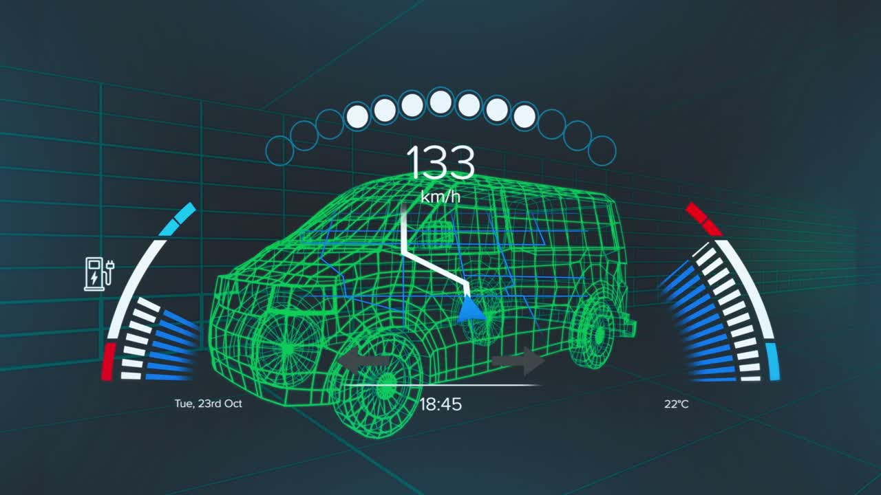 검은색 배경에 디지털 밴을 통해 자동차 인터페이스의 애니메이션