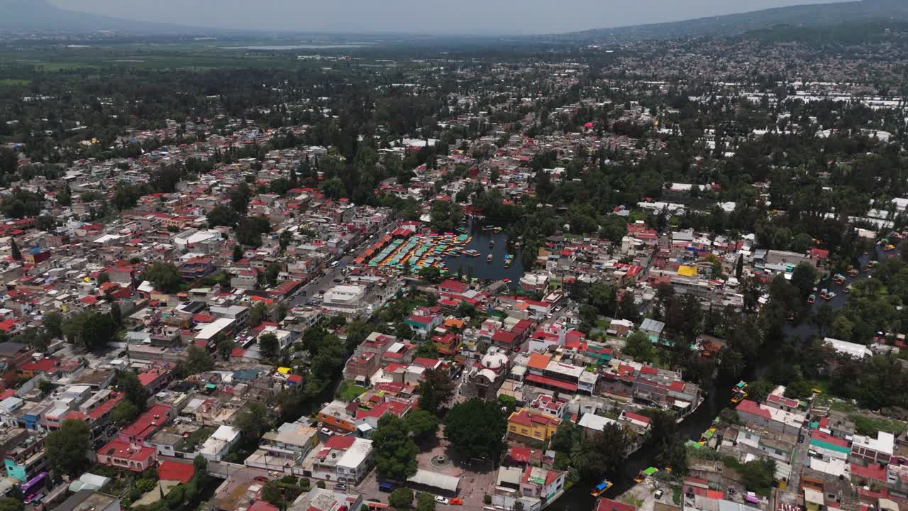 Panoramic aerial shot of a Xochimilco pier in Mexico City