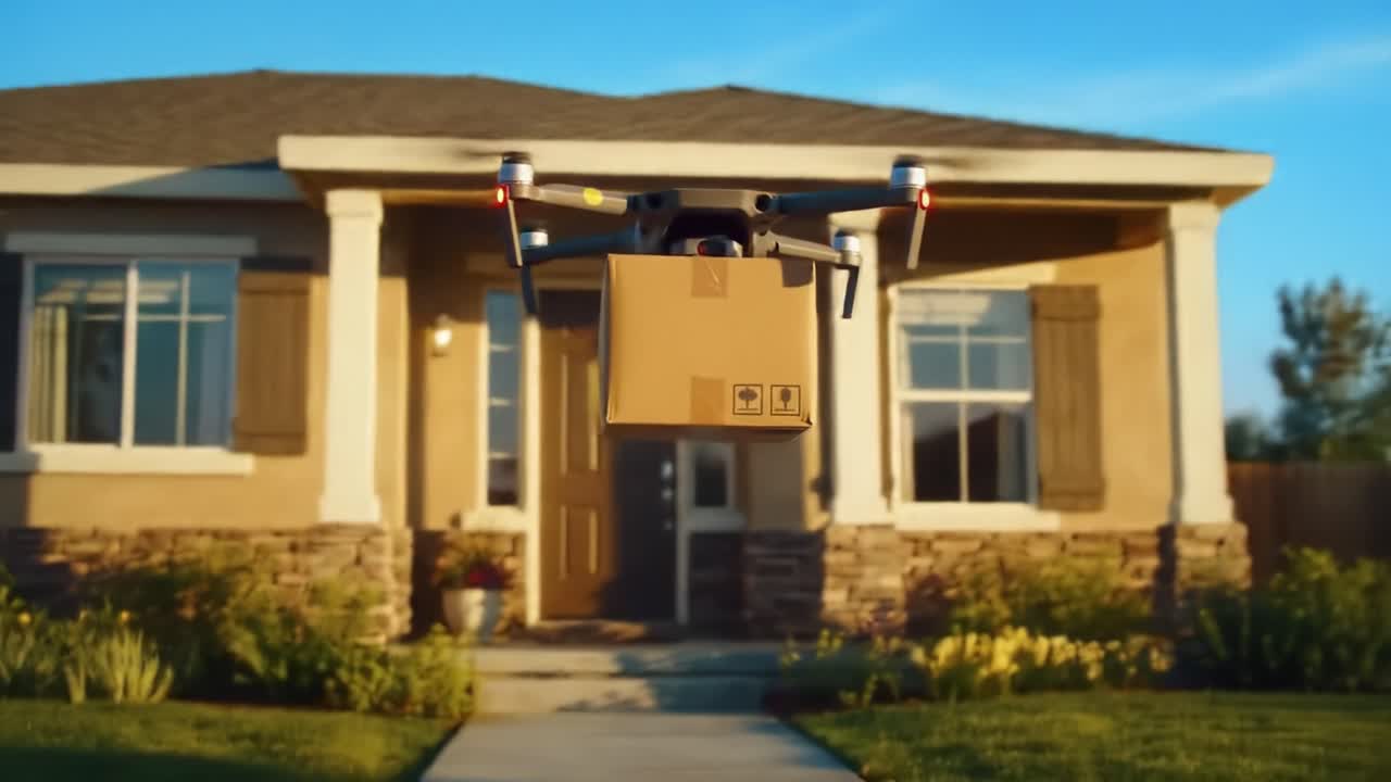 A drone transports a package through clear skies above a serene rural area. The scene features lush greenery and a bright atmosphere, showcasing modern delivery methods in action.