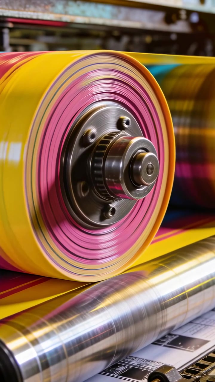 Vertical video: Rotating magenta roller with yellow band motor starting moving ink to press web hub