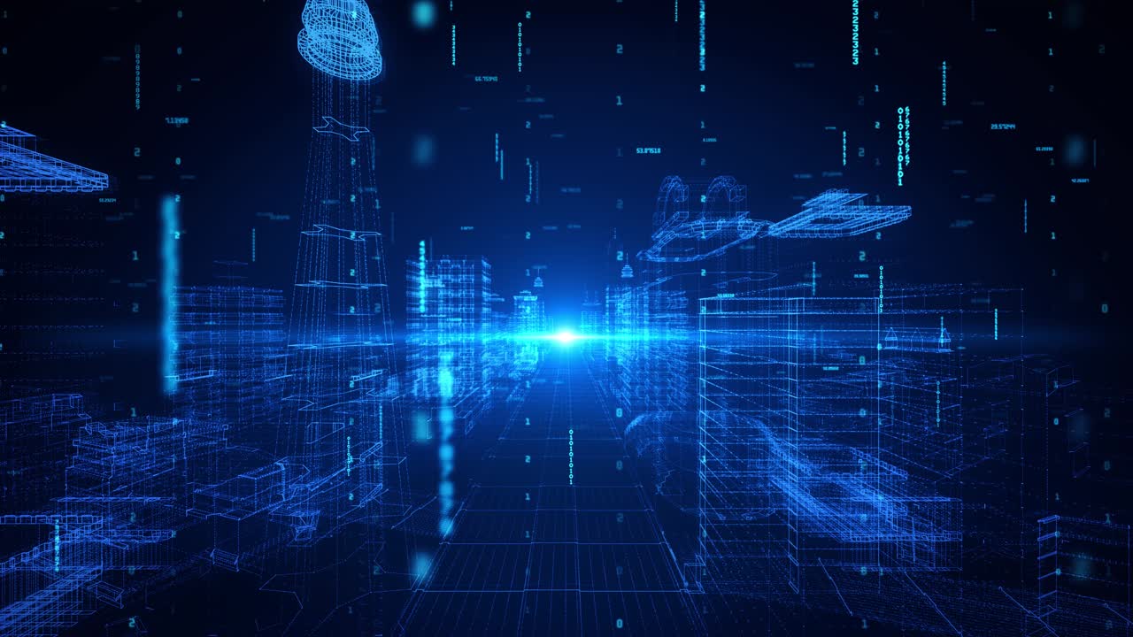 Hud digital city wireframe hud blue particles linked in lines loop background abstract skyscrapers