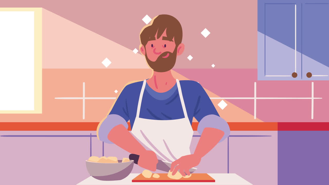 hombre barbudo cocinando receta de cocina animación