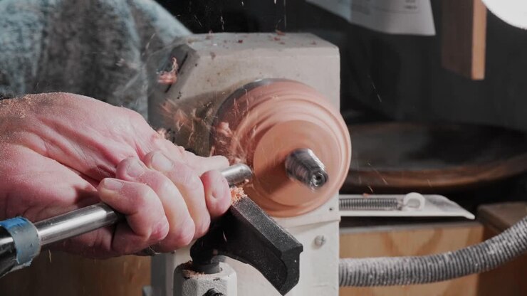 Old man using a lathe and chisel to cut away wood and release a metal grommet