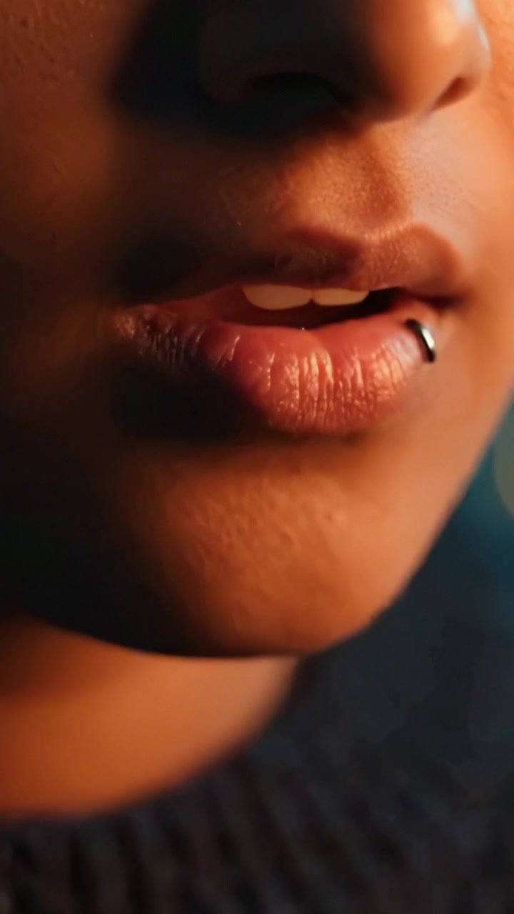Primo piano intimo di labbra morbide con dettaglio piercing e illuminazione sottile che evidenzia le texture in una cornice di ritratto accattivante