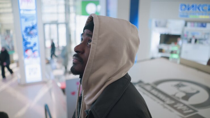 Young man in hoodie and beanie looking up with thoughtful expression in modern shopping mall, observing surroundings and advertisements. Bright lighting, urban environment, contemplative atmosphere