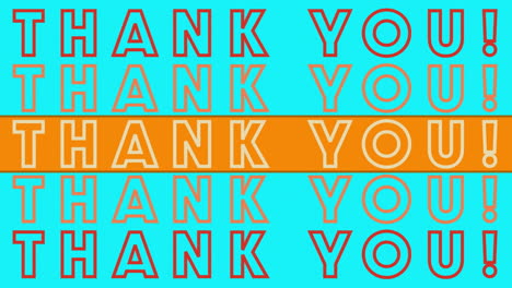 animation of thank you text in repetition with orange stripe over rainbow coloured striped circles