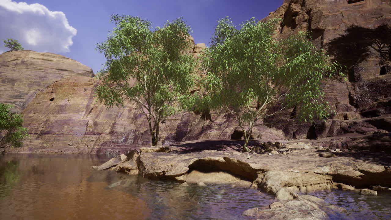 Verdant trees surround shimmering water in a tranquil desert canyon setting