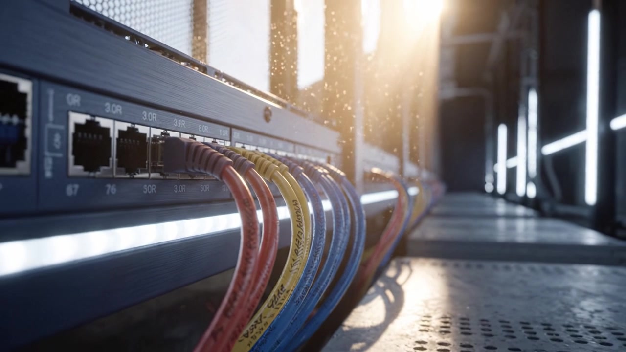 Close-Up View of Ethernet Cables Connecting Network Equipment in a Data Center with Soft Lighting and Reflections, Showcasing Modern Technology Infrastructure