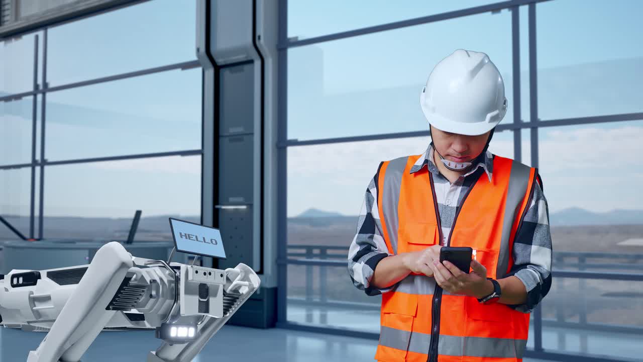 ingeniero con teléfono móvil cerca de un robot en una fábrica moderna