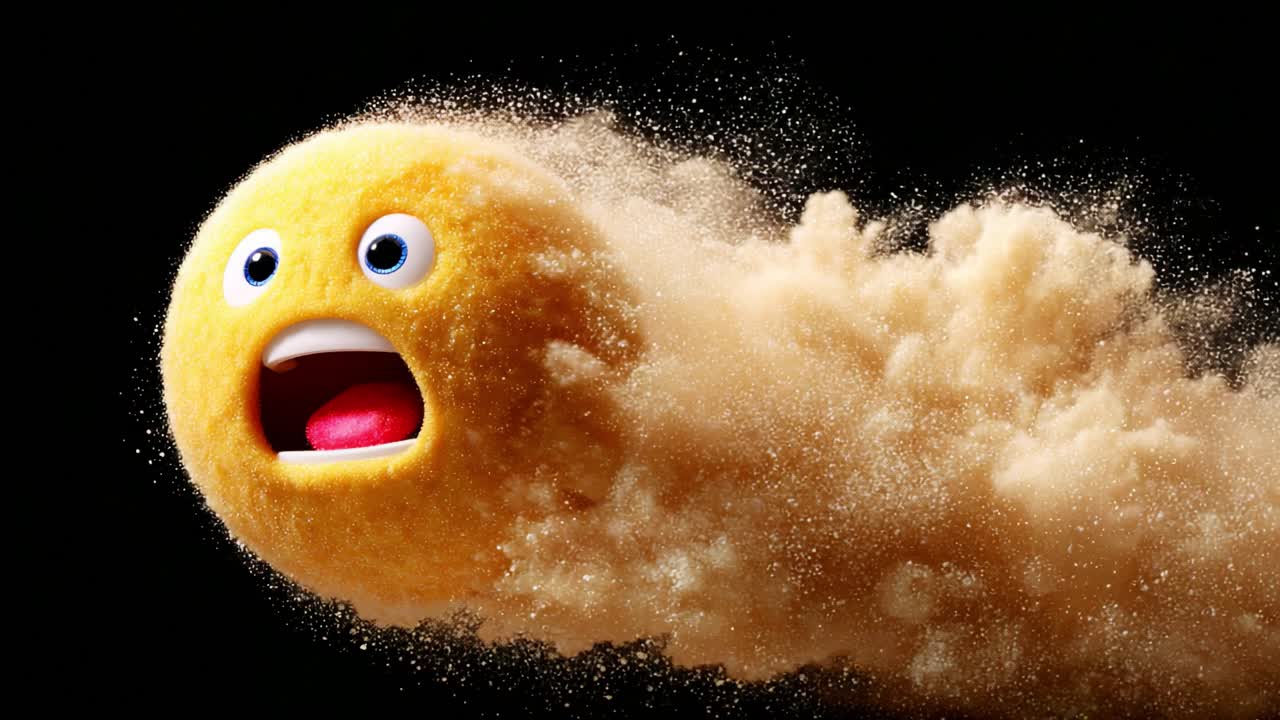 A whimsical, animated character bursting through a cloud of dust, showcasing vibrant colors and lively expressions, creating a sense of motion and excitement in a playful scene