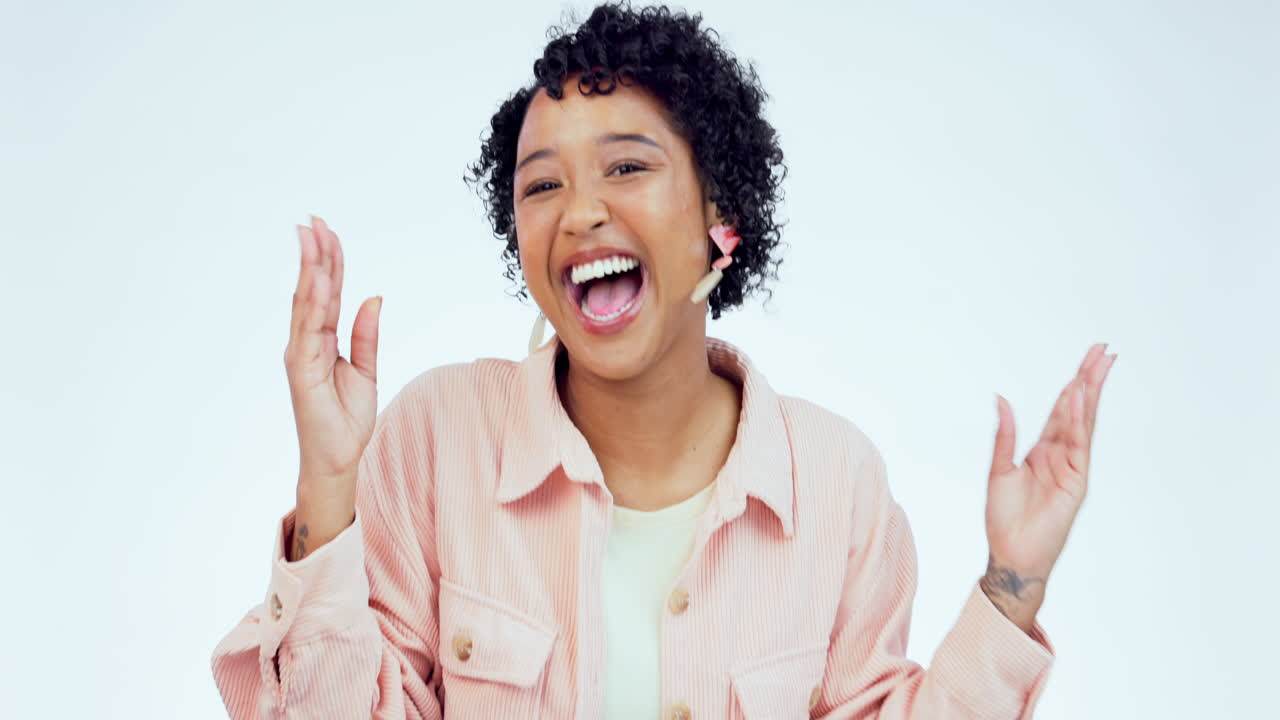 Dance, happy and winner with face of woman