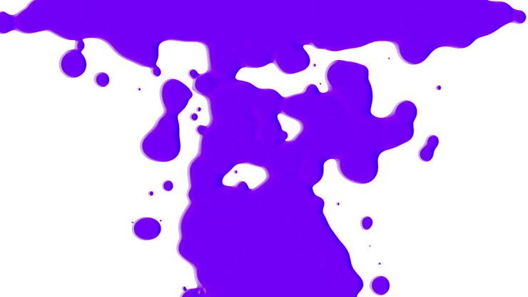 Liquido viola astratto e macchie di schizzi su gradiente bianco