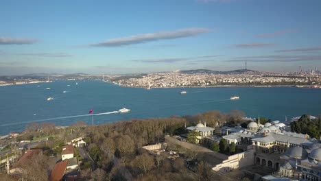 bosporus strait and topkapi royal palace museum, istanbul turkey, aerial view on sunny day