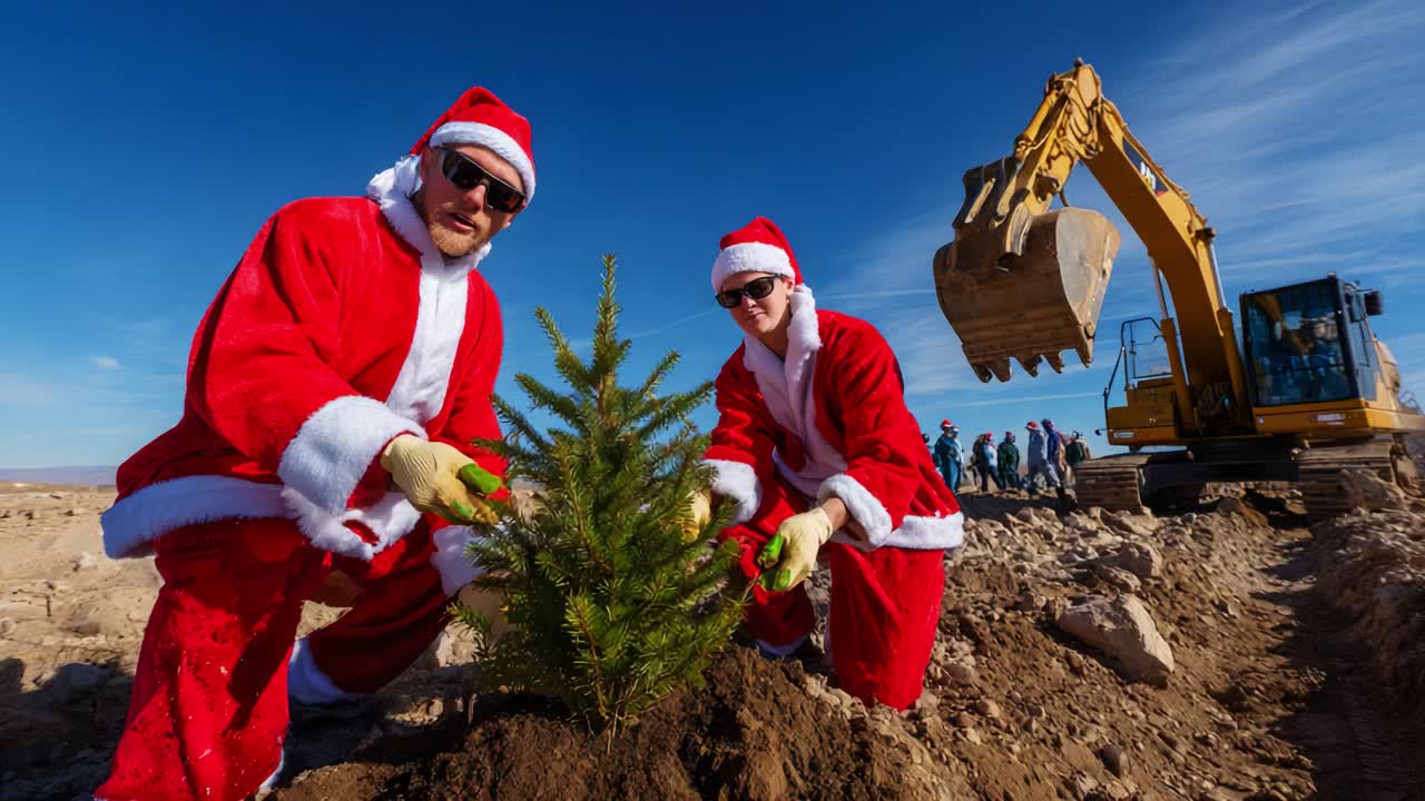In a festive spirit, two individuals dressed in Santa Claus costumes enthusiastically plant a small Christmas tree in the ground, while heavy machinery operates nearby, showcasing a unique blend of celebration and community effort