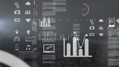 animation of data processing with icons over cityscape