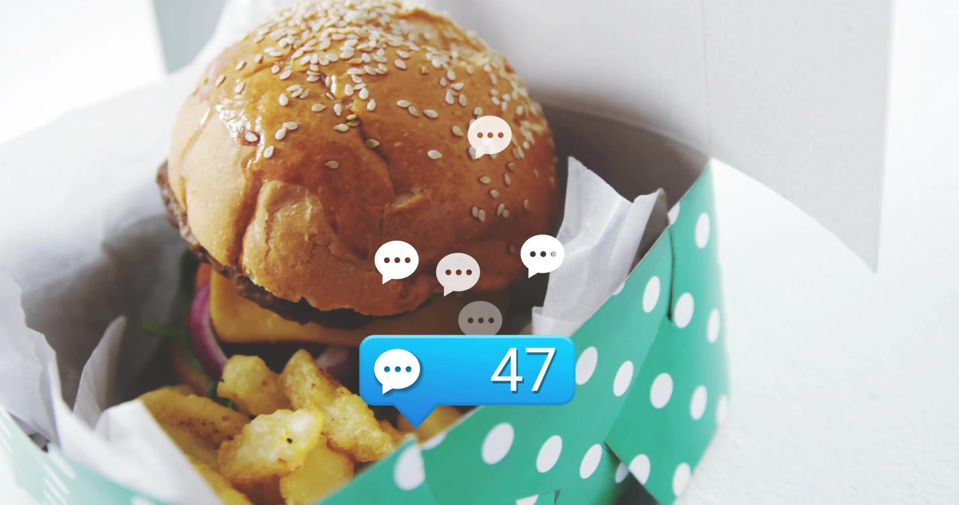 Blue bubble appearing and counting up, revealing burger and fries, chat icons bubbling, marketing