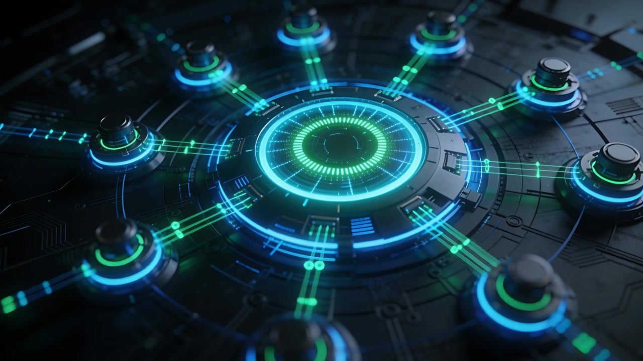 Nucleo centrale pulsante invia impulsi luminosi lungo condotti su una scheda di circuito all'avvio, alimentando gli anelli dei nodi.