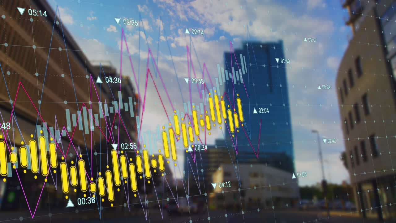 animación del procesamiento de datos financieros sobre el paisaje urbano