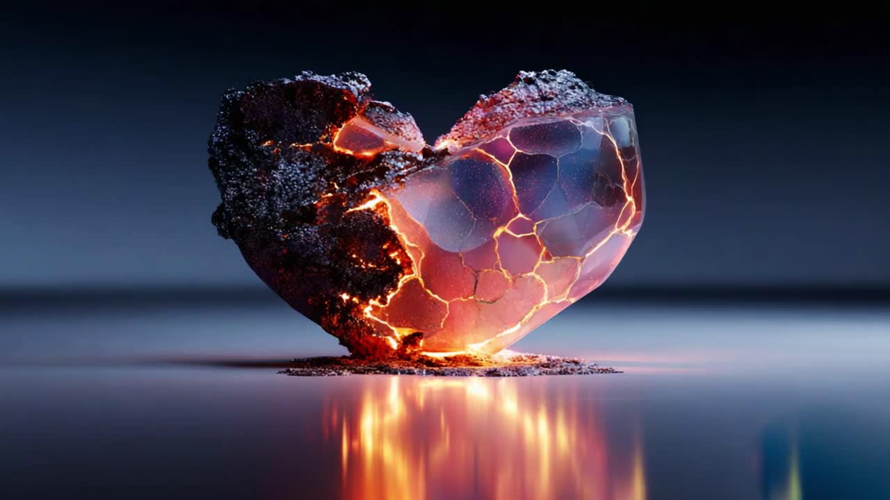 Un rendering accattivante di una geode a forma di cuore con crepe di lava incandescenti, che unisce texture terrose e luce radiosa per un'esperienza visiva straordinaria