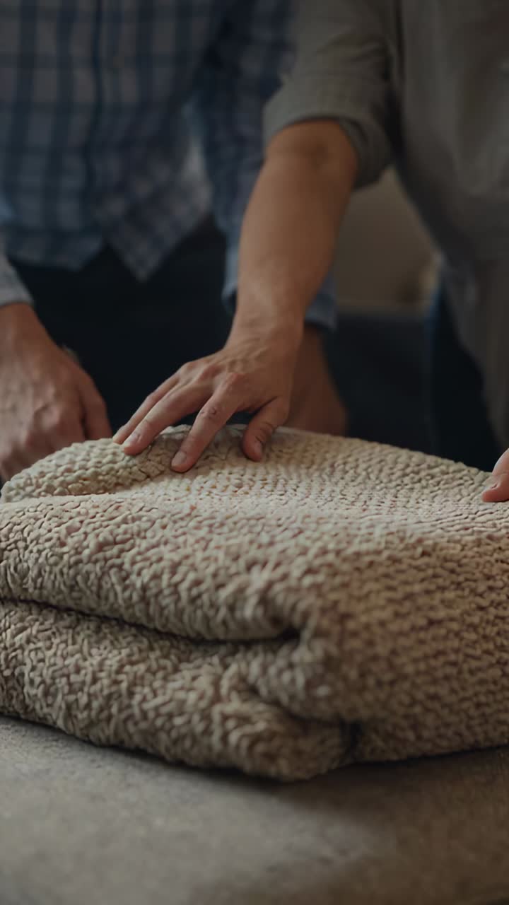 Video verticale: Mani che si protendono, due adulti in abiti blu e grigi che sistemano una coperta di maglia sul divano.