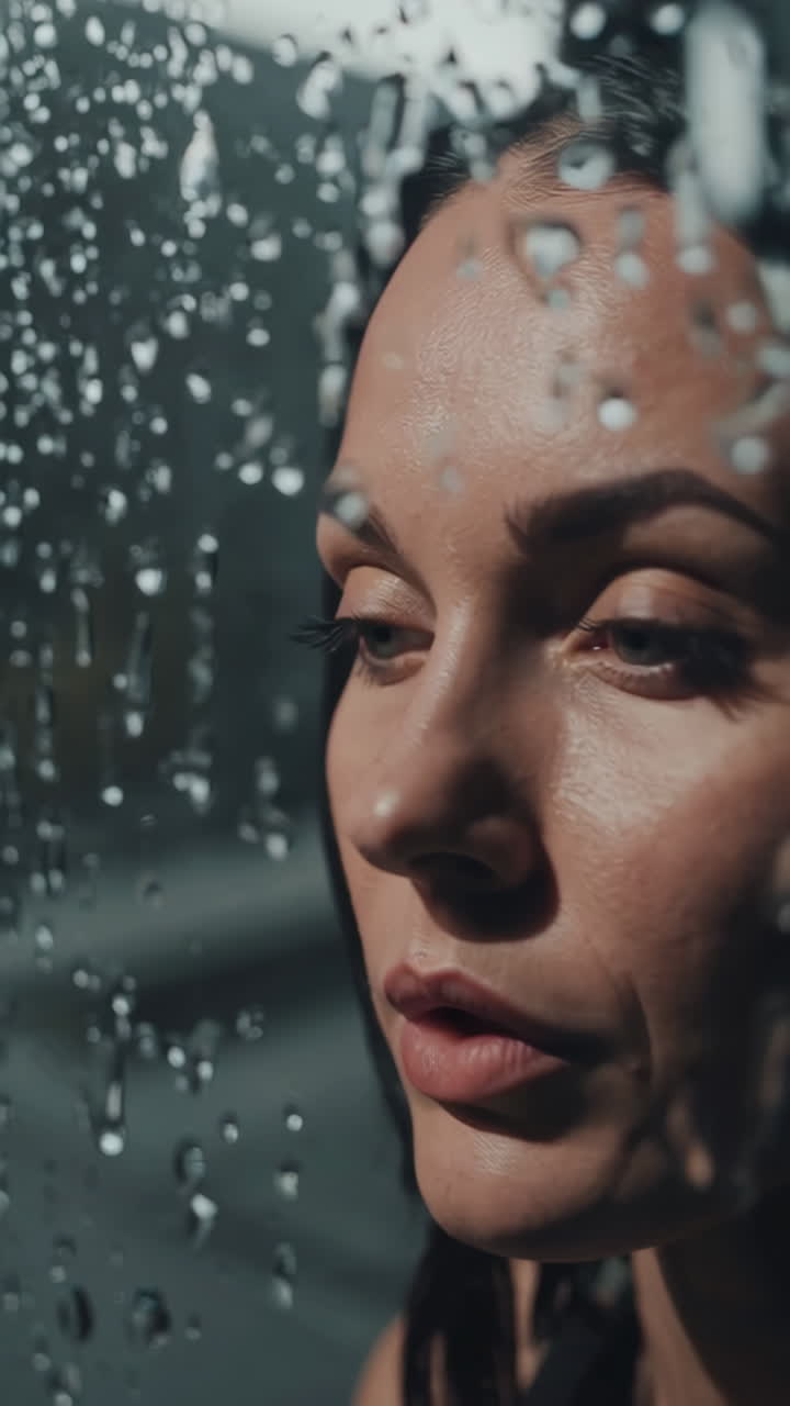 Pensive Woman Looking Through a Rain-Streaked Window