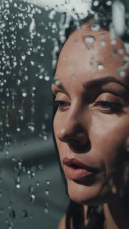 pensive woman looking through a rain-streaked window