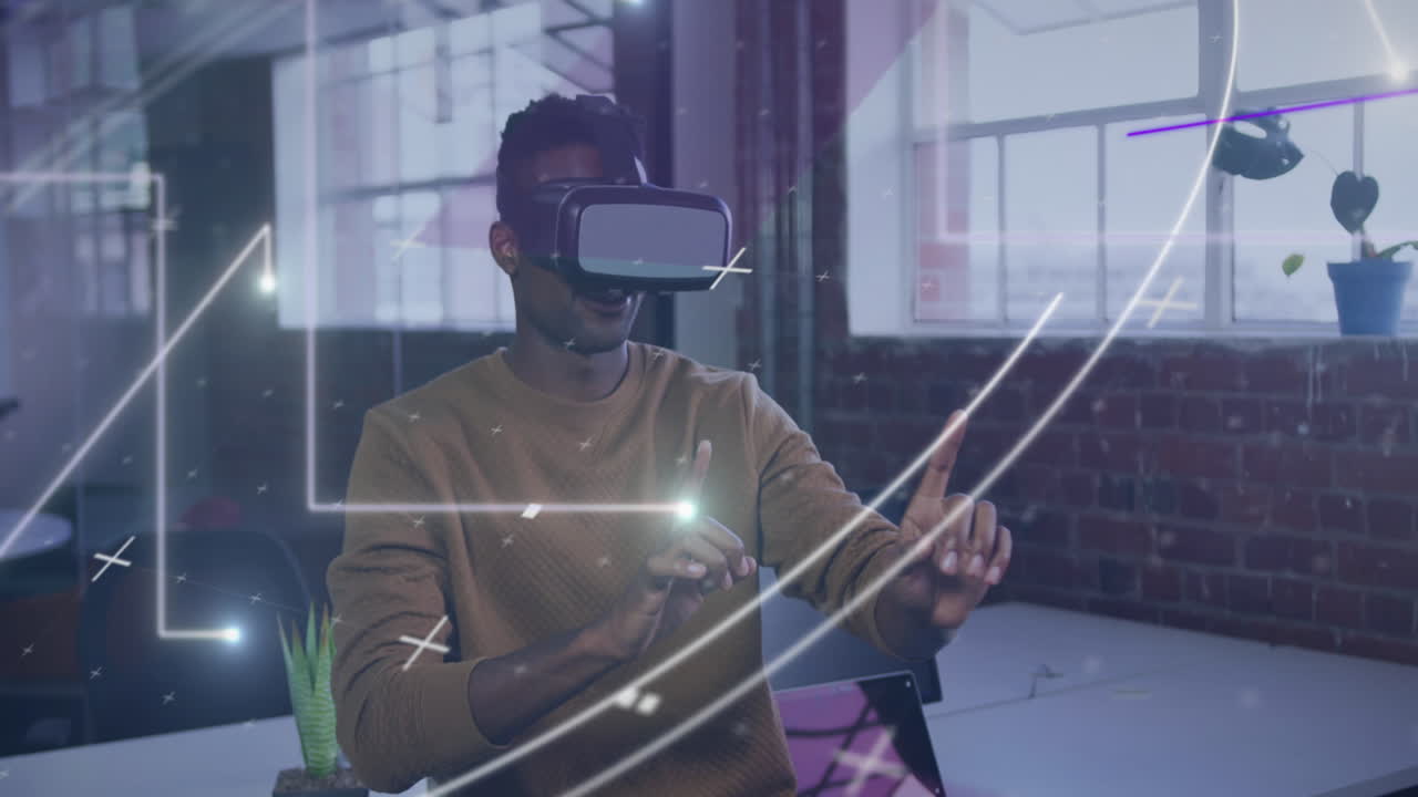 animación de círculos y luces sobre hombre discapacitado afroamericano con auriculares vr