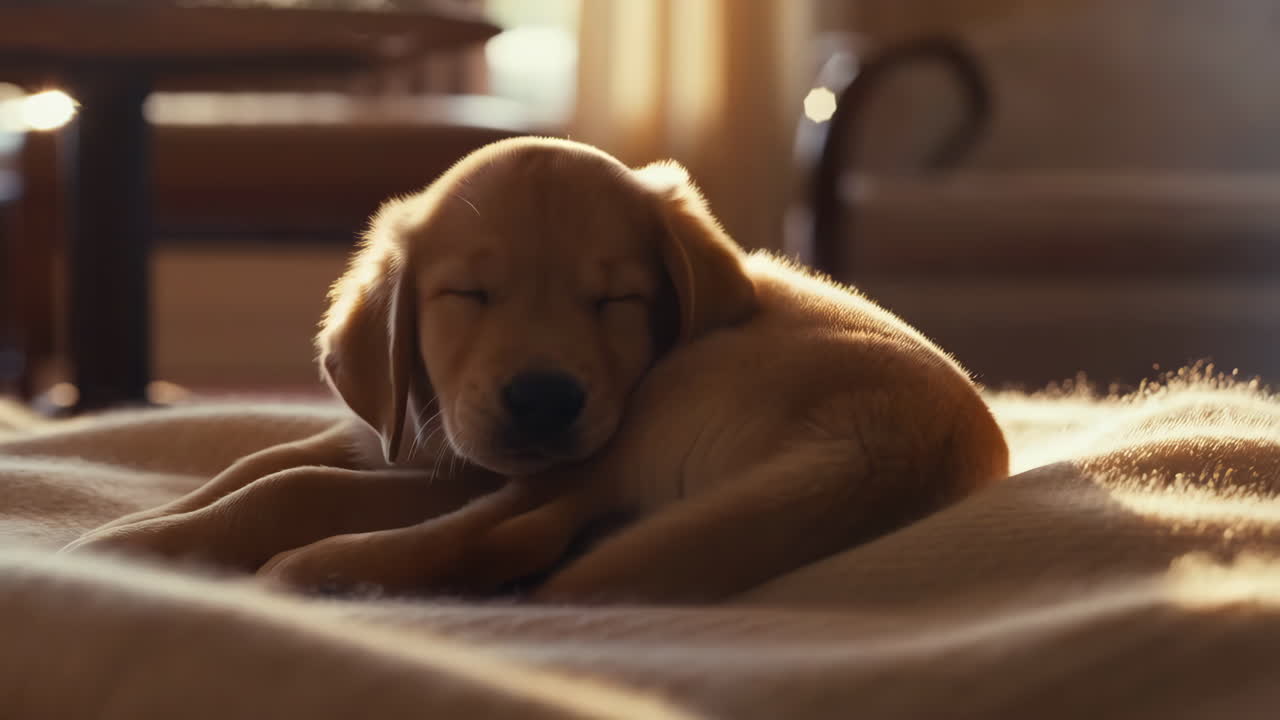 A cute golden puppy sleeping soundly on a cozy blanket