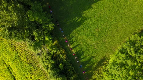 aerial view of a group of people walking in a line on a grassy prairie