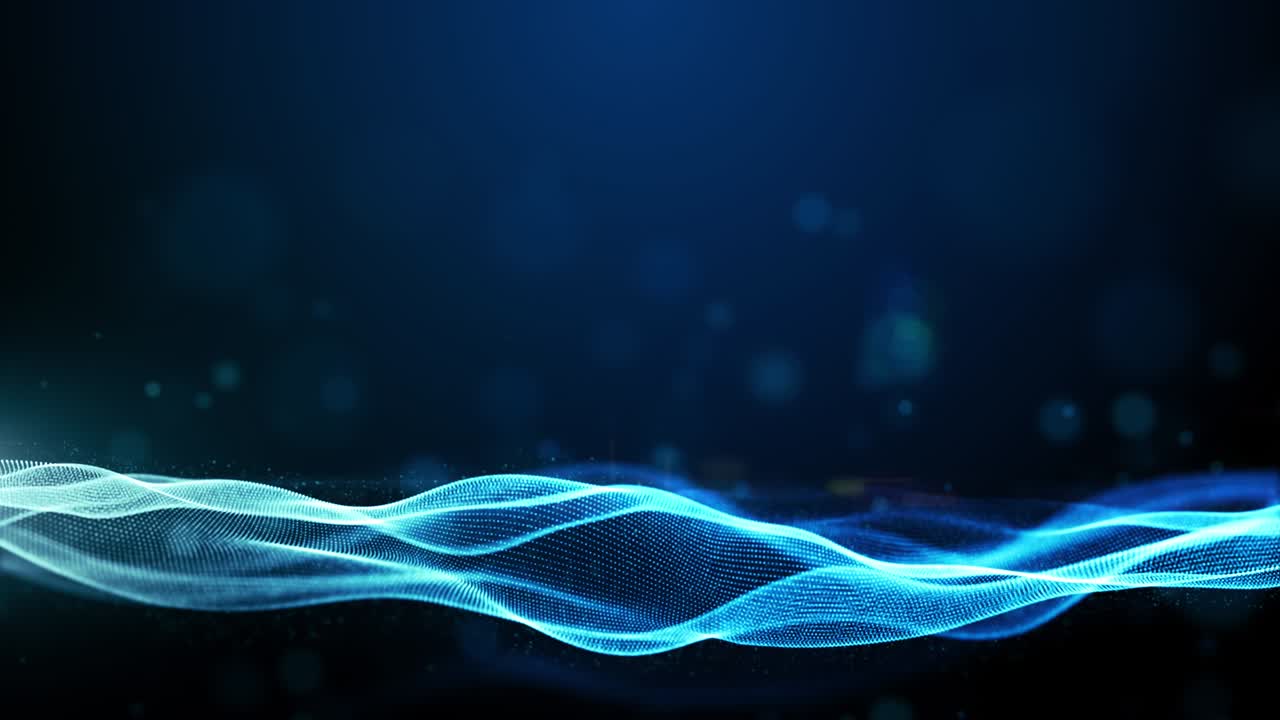 Digital particles blue color wave flow and lights with bokeh, Technology cyberspace digital connection abstract background concept. Seamless loop 4K