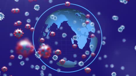 Animation-of-3d-covid-19-cells-floating-over-globe-on-blue-background