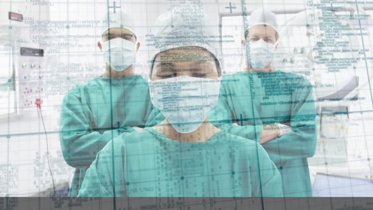 анимация обработки данных над хирургами в масках для лица и сетке