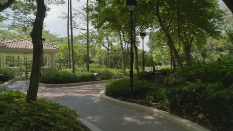 Toma-Dinámica-Moviéndose-Dentro-De-Un-Hermoso-Parque-Verde-En-Hong-Kong