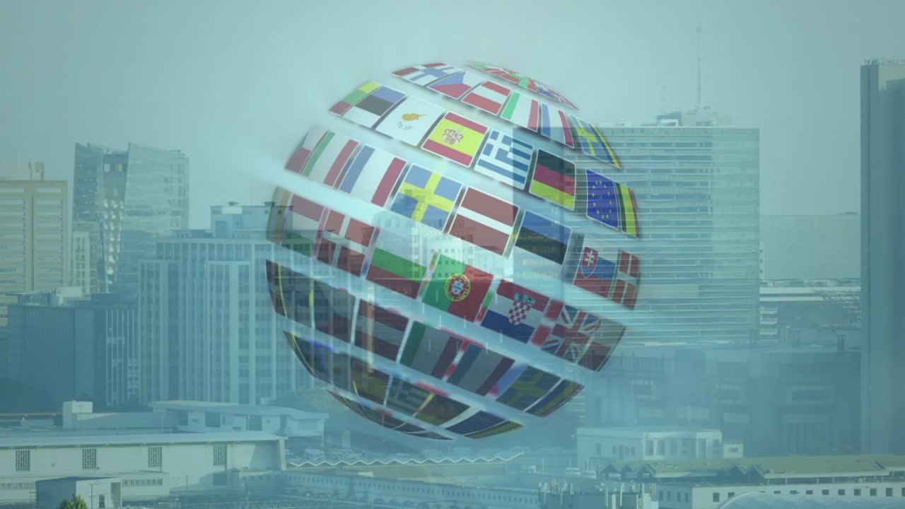 Animation of flags forming globe over cityscape background, showcasing diversity