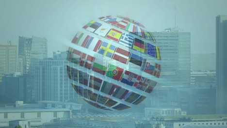 animation of flags forming globe over cityscape background, showcasing diversity