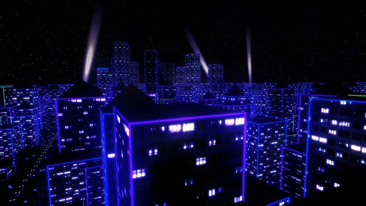 ciudad de neón volar sobre rascacielos urbanos brillo computadora tron matriz 4k