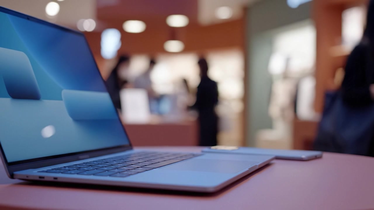 A sleek laptop is prominently displayed in a modern tech store, illustrating the elegance of digital design amidst a lively shopping environment with customers blurred in the background.