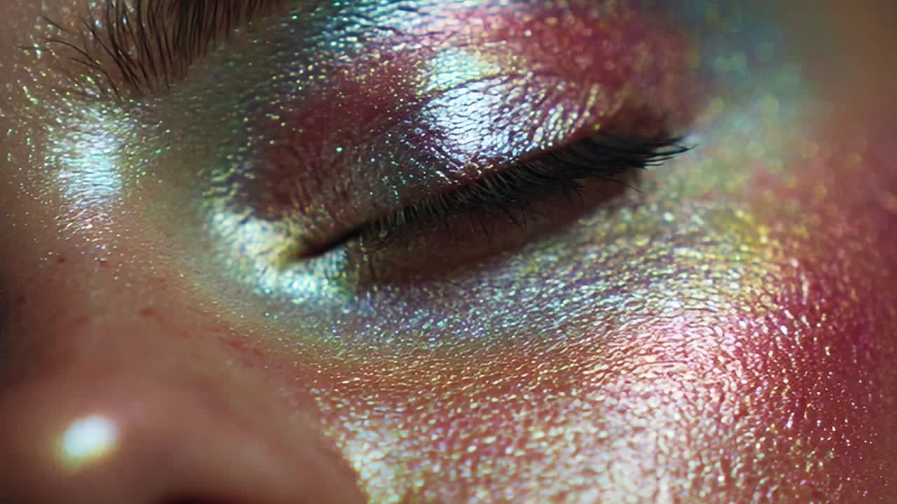Primo piano di un volto che evidenzia riflessi olografici e colorati sulla pelle