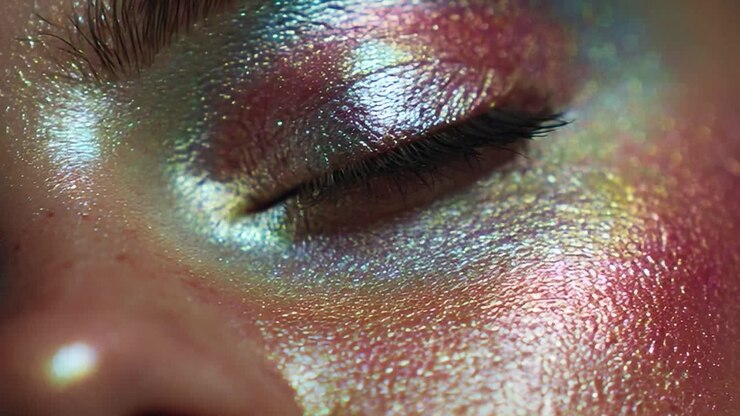 Primo piano di un volto che evidenzia riflessi olografici e colorati sulla pelle