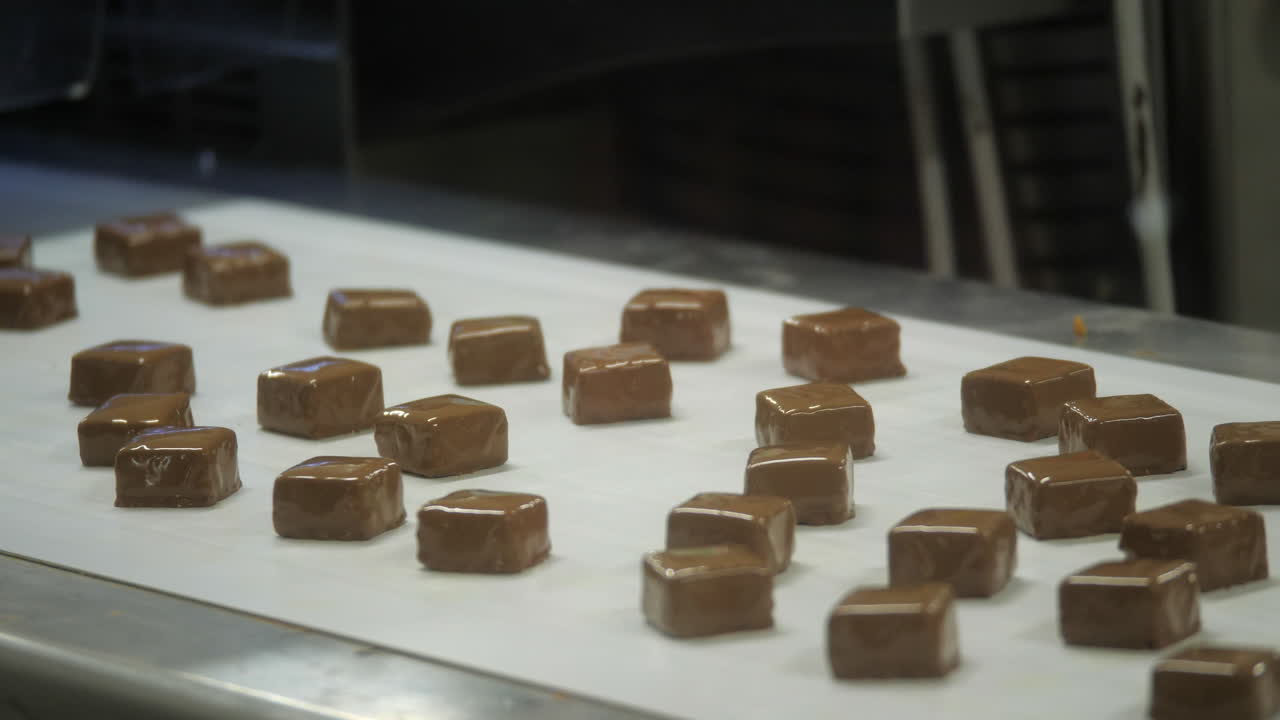 delicias turcas recién preparadas en la línea de producción en la fábrica de chocolate