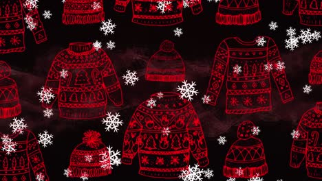 Animation-of-red-hats-and-jumpers-christmas-pattern-and-snow-falling