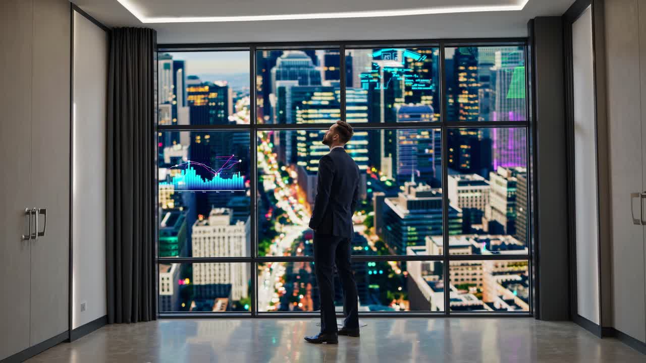 Businessman Contemplating Data and Cityscape View
