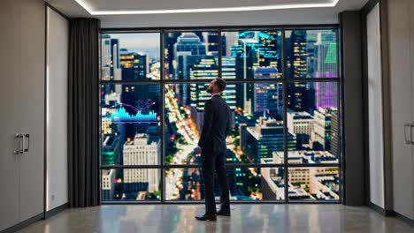 businessman contemplating data and cityscape view