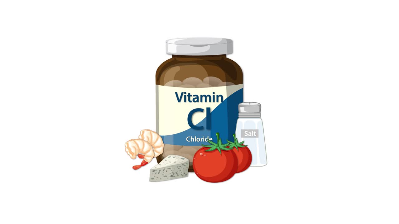 Vitamin chloride bottle with garlic, tomatoes, salt, and supplement bottle animates on white background