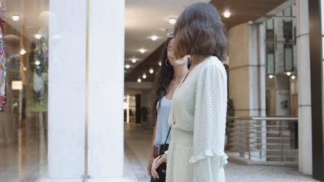 Beautiful-young-women-standing-near-shop-window-and-talking